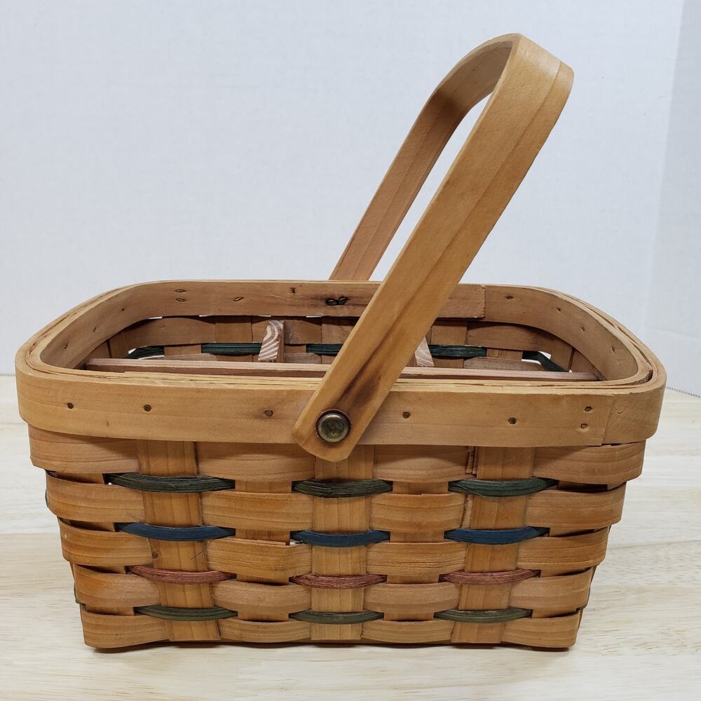 Handmade Woven Wooden Gathering Basket Divided Organizer Handle Primitive 10in